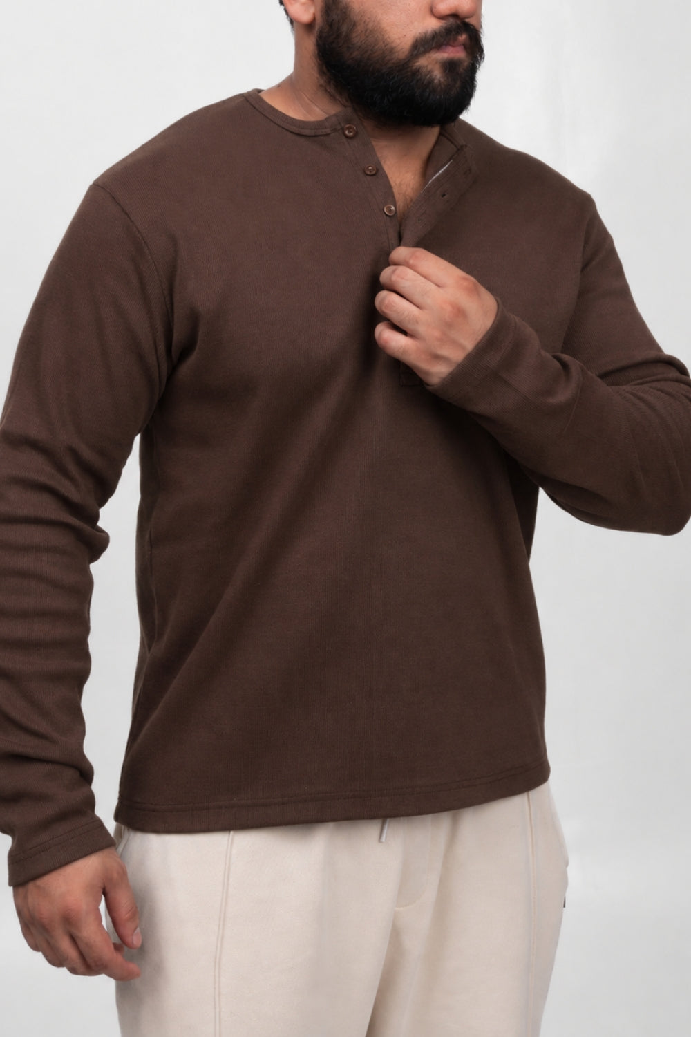 Henley Full Sleeve T-Shirt - Brown