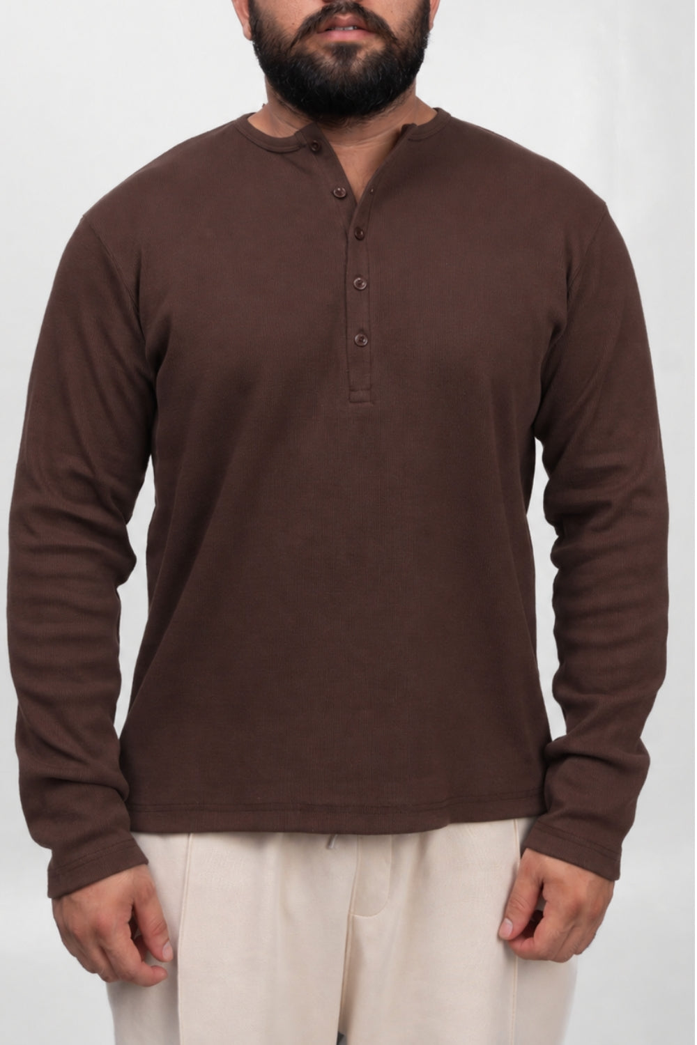 Henley Full Sleeve T-Shirt - Brown