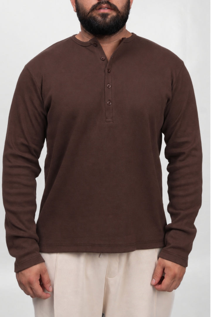 Henley Full Sleeve T-Shirt - Brown