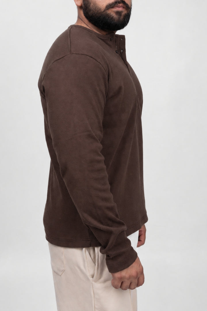 Henley Full Sleeve T-Shirt - Brown