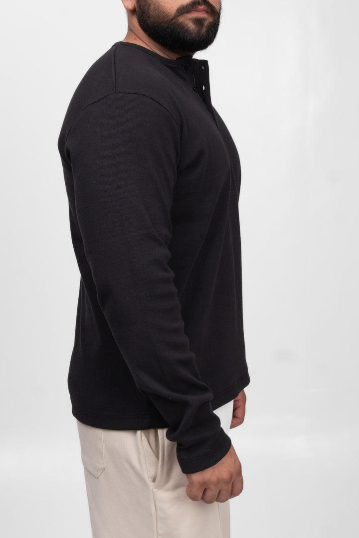 Henley Full Sleeve T-Shirt - Black