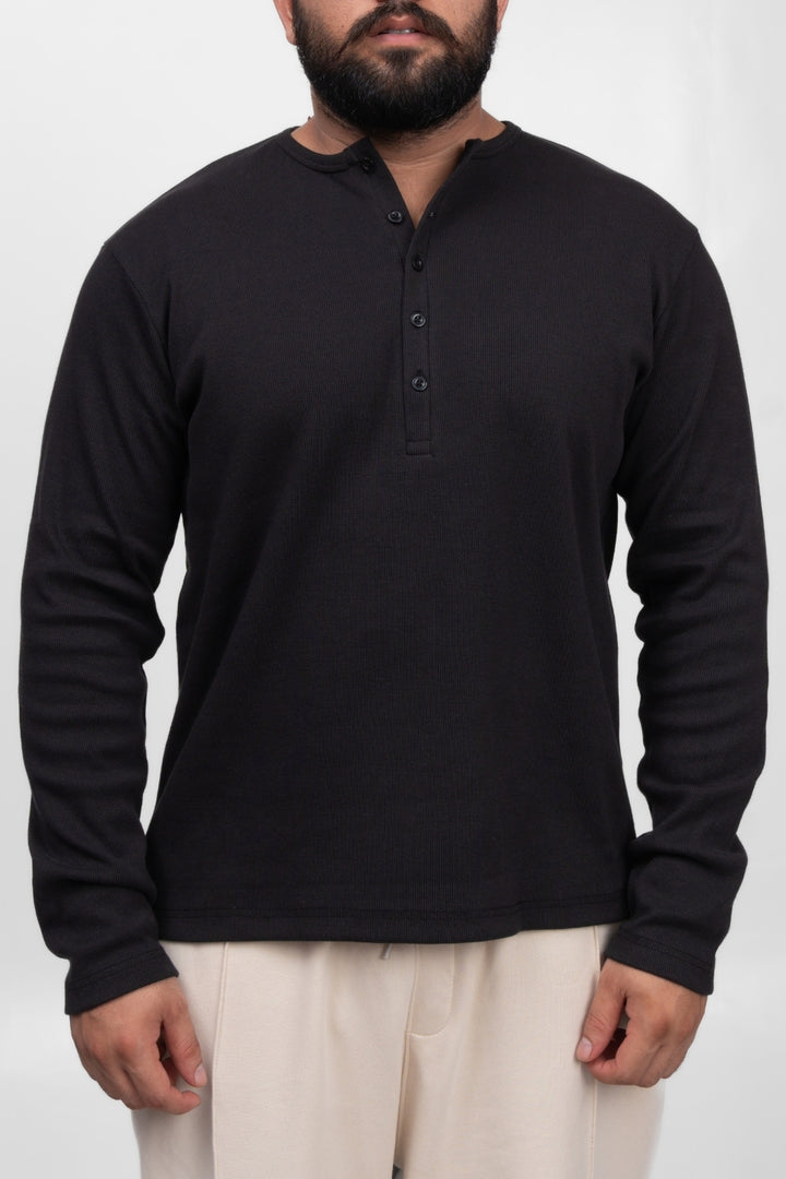 Henley Full Sleeve T-Shirt - Black