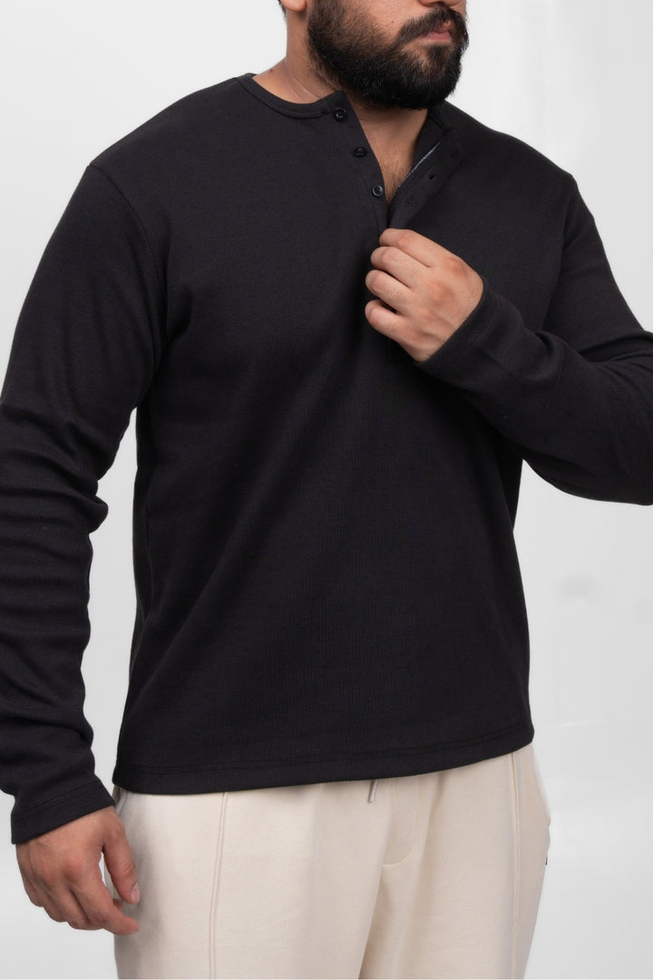 Henley Full Sleeve T-Shirt - Black